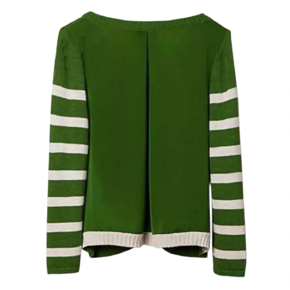 $129 Anthropologie Smooth Back Cardigan Large 10 12 Green White Striped Sweater - Picture 3 of 14